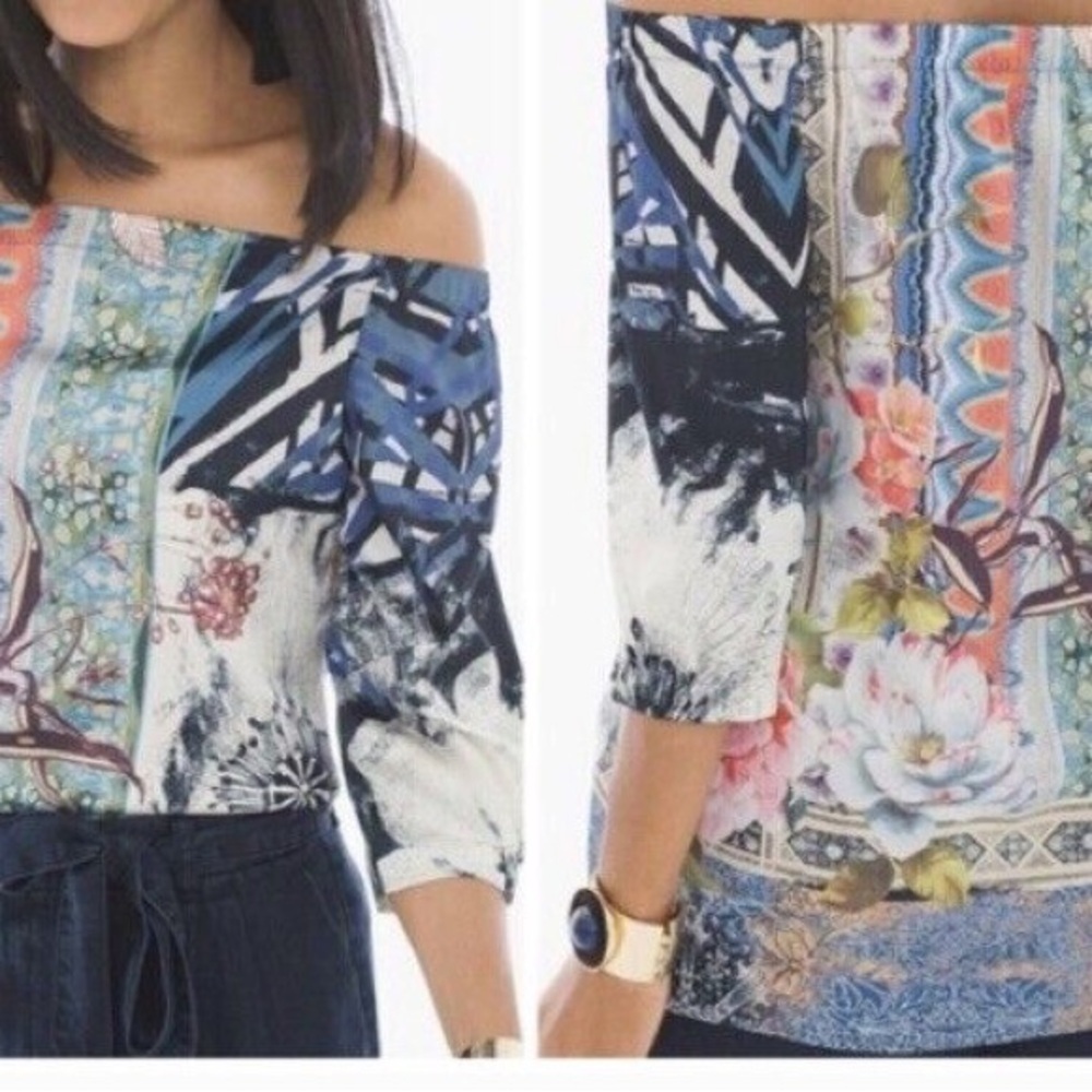 Chico's Blue Gray Off-Shoulder Graphic Blouse